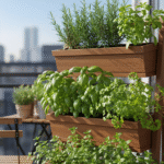 Horta vertical com vasos de madeira em uma varanda urbana, cultivando ervas frescas como manjericão, salsa, alecrim e hortelã.