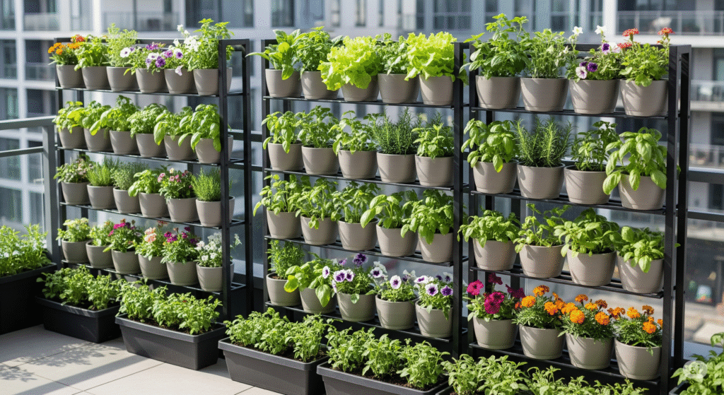 Horta vertical com estruturas metálicas em varanda, com vasos de alface, temperos e flores coloridas, ideal para cultivo urbano.