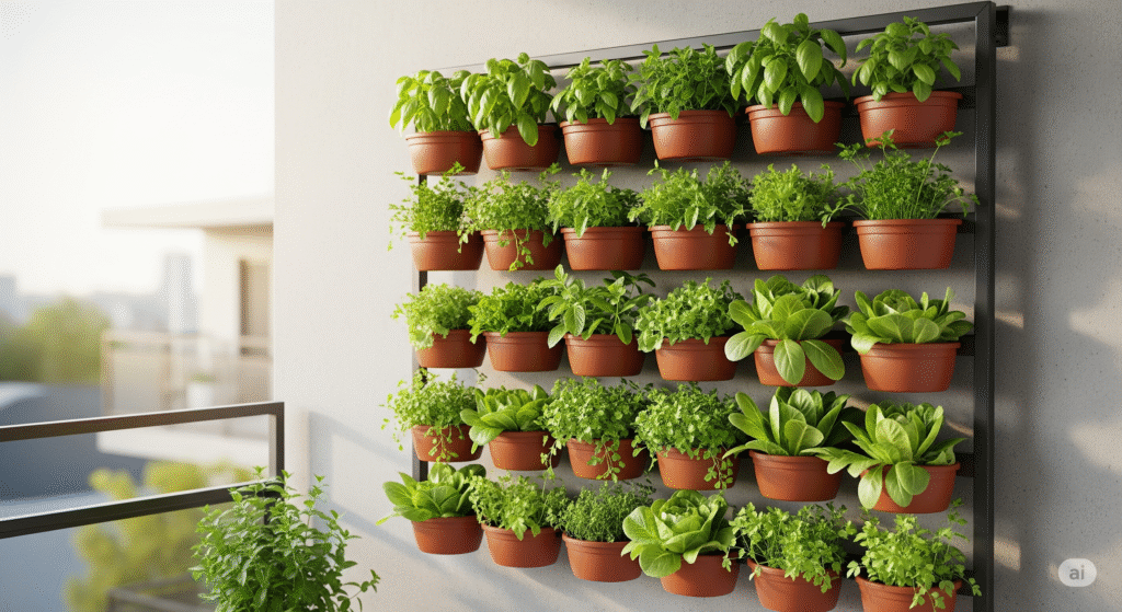 horta vertical com vasos suspenso