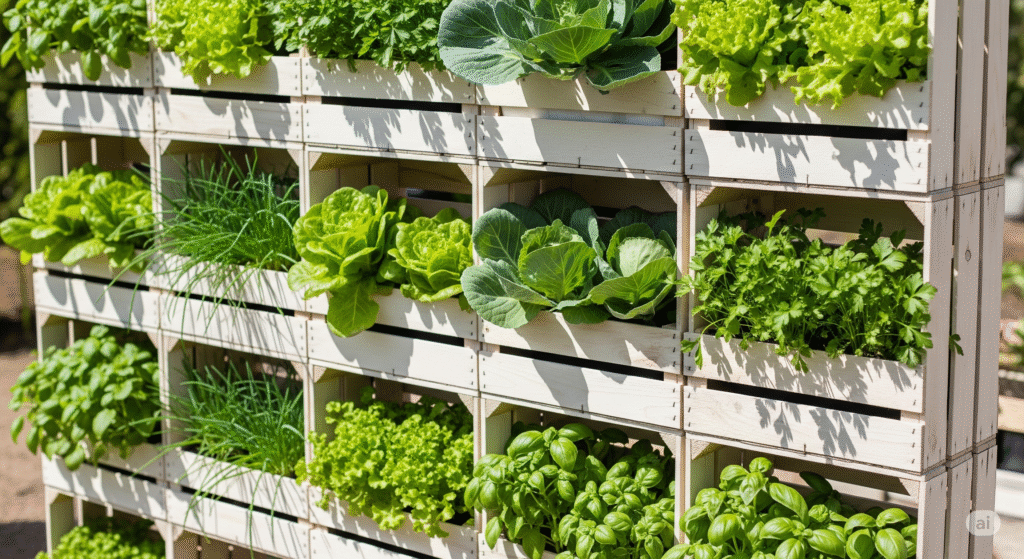 Horta vertical em caixotes de madeira, com alface, repolho e temperos frescos — prática, sustentável e perfeita para pequenos espaços.