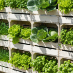 Horta vertical em caixotes de madeira, com alface, repolho e temperos frescos — prática, sustentável e perfeita para pequenos espaços.