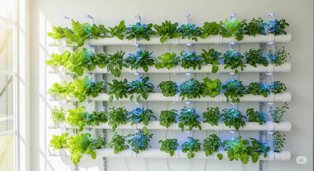 Horta vertical hidropônica com tubos de PVC brancos, cultivando alface, temperos e verduras sob luz artificial em ambiente interno.