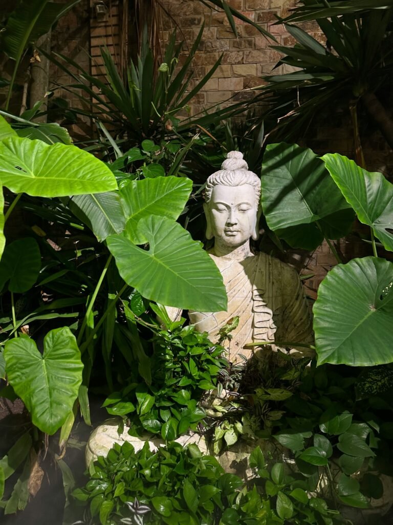 Jardim Zen com elemento de contemplação o buda e flores para armonizar o ambiente