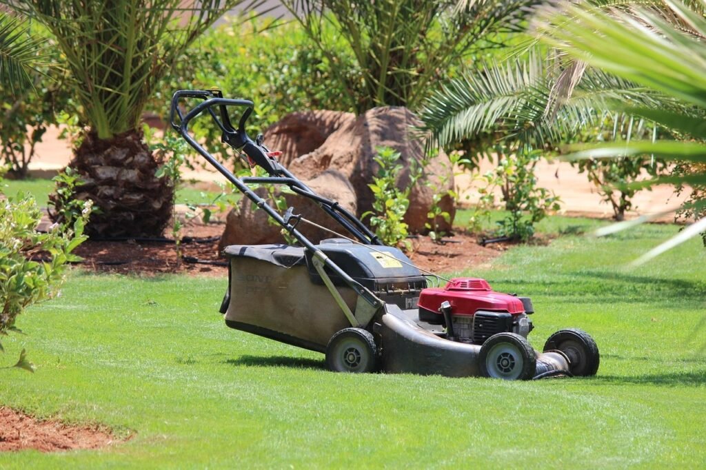 Cortador de grama a gasolina sobre gramado bem cuidado em um jardim com palmeiras e plantas ornamentais ao fundo.