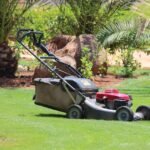 Cortador de grama a gasolina sobre gramado bem cuidado em um jardim com palmeiras e plantas ornamentais ao fundo.