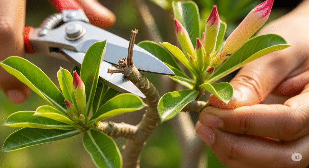 Mãos realizando a poda de uma Rosa do Deserto com tesoura de jardinagem, removendo um galho seco para estimular novos brotos.