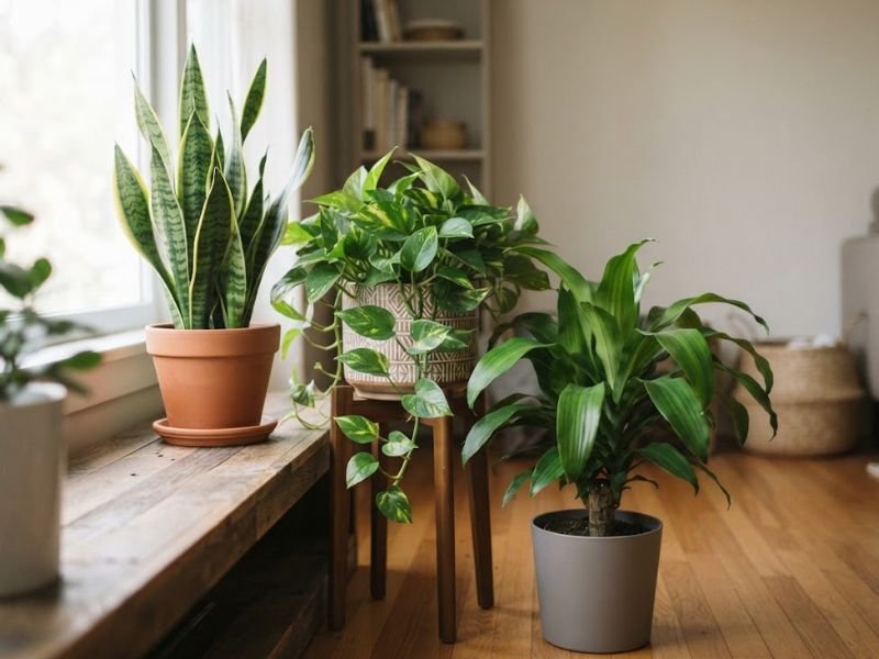 Espada-de-São-Jorge, jiboia e dracena em ambiente com luz indireta suave