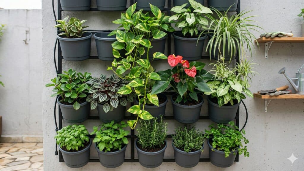 plantas para jardim vertical em vasos com jiboia, antúrio, clorofito e ervas aromáticas em painel vertical