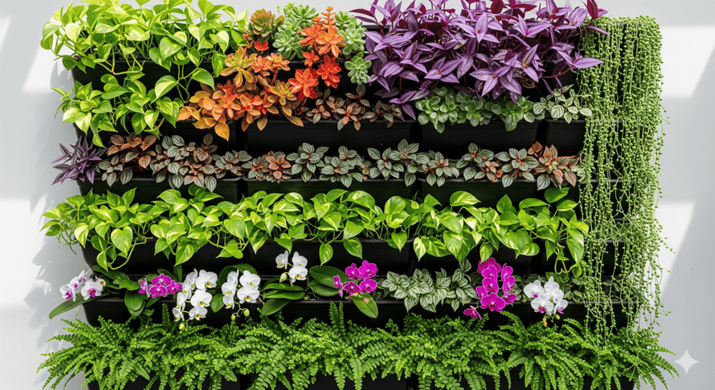 plantas para jardim vertical meia sombra em painel com jiboia, lambari-roxo, orquídeas e samambaias