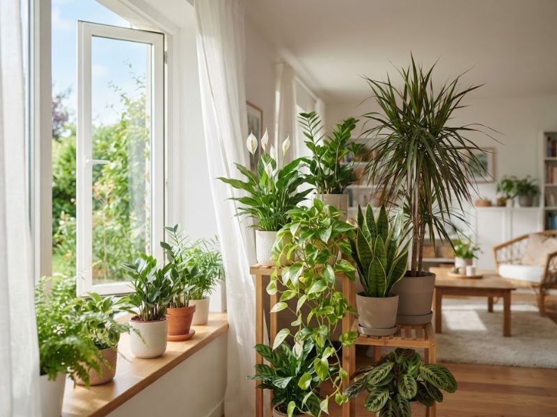 Plantas que purificam o ar reunidas em ambiente interno claro e bem ventilado