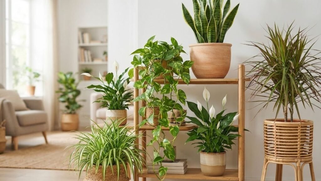 Plantas que purificam o ar reunidas em ambiente interno claro e bem ventilado