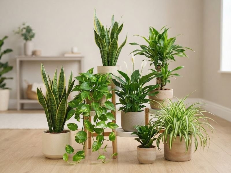 Seleção de plantas que purificam o ar cultivadas em vasos dentro de casa