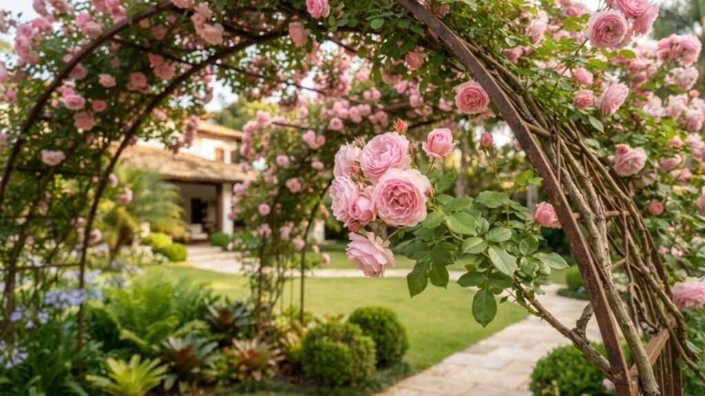 Plantas trepadeiras com roseira rosa cobrindo arco em jardim residencial