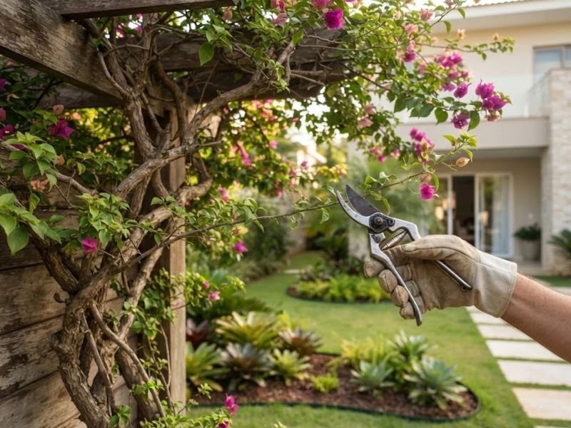 Poda leve de ramo lateral de Bougainvillea conduzida no jardim