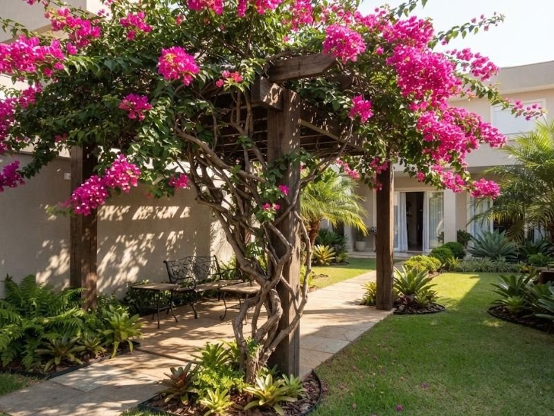 Bougainvillea magenta florida sobre pergolado em área de sol pleno