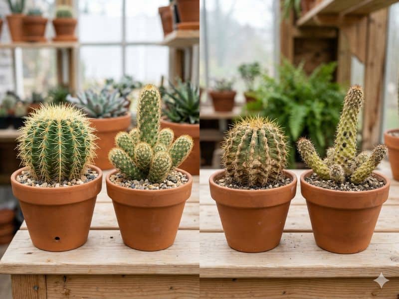 Quais problemas e doenças são mais comuns nos cactos com comparação entre plantas saudáveis e doentes