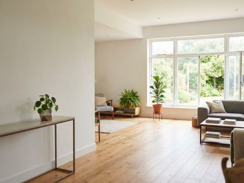 Sala ampla com algumas plantas de interior distribuídas pelo ambiente