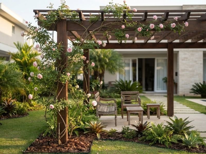 Roseira trepadeira adulta florida cobrindo parcialmente pergolado no jardim
