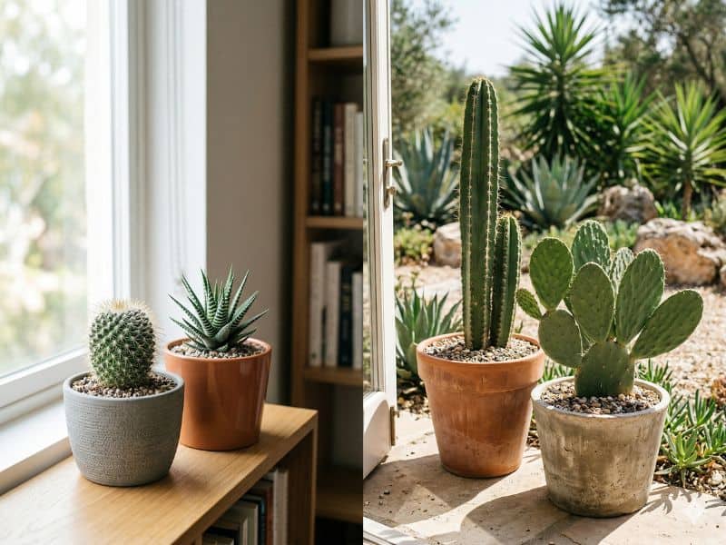 Cactos em vasos decorativos para ambientes internos e jardins ao ar livre.