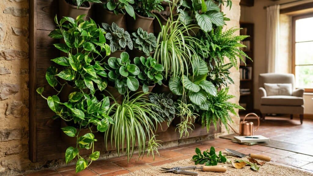 transforme sua parede em um espaço com mais vida com plantas para um jardim vertical em ambiente interno acolhedor