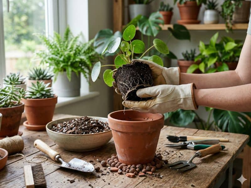 transplantar plantas em vasos acomodando a planta na altura correta