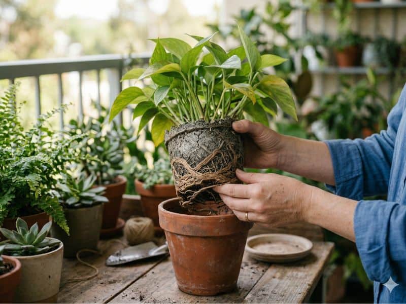 transplantar plantas em vasos no momento do replantio por raízes apertadas