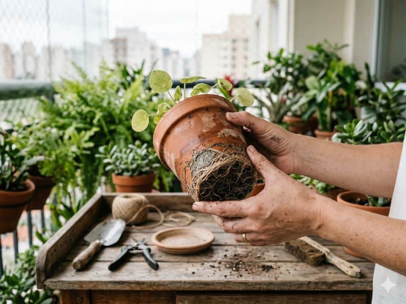 transplantar plantas em vasos com raízes apertadas saindo do fundo do vaso