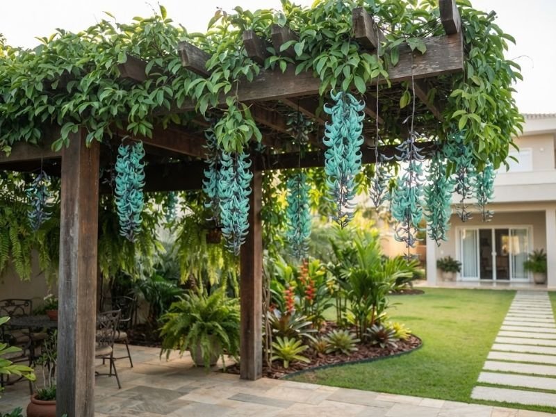 Trepadeira jade com cachos verde azulados pendentes sob pergolado