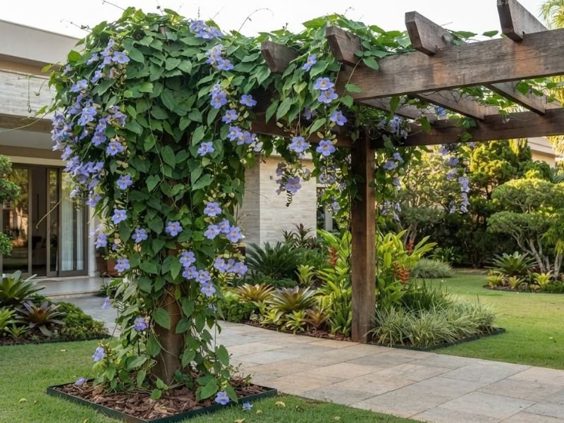 Tumbérgia azul adulta cobrindo parcialmente pergolado de madeira