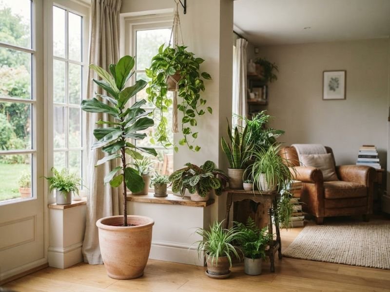Plantas de interior saudáveis integradas à decoração de uma sala bem iluminada