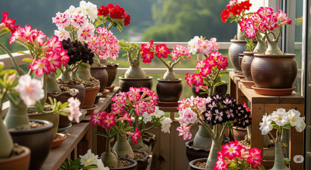 Varanda repleta de rosas do deserto em vasos, todas saudáveis e floridas, exibindo cores vibrantes que indicam vigor e bons cuidados.