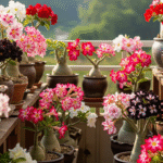 Varanda repleta de rosas do deserto em vasos, todas saudáveis e floridas, exibindo cores vibrantes que indicam vigor e bons cuidados.