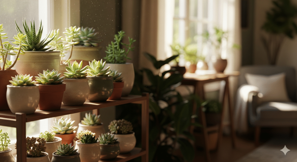Ambiente acolhedor com suculentas em vasos decorativos iluminadas por luz natural suave