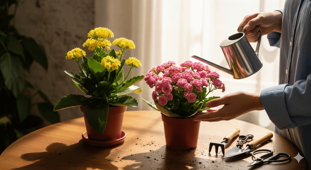 Calandiva amarela e rosa sendo cuidadas em vasos de barro, com regador metálico e ferramentas de jardinagem sobre a mesa.