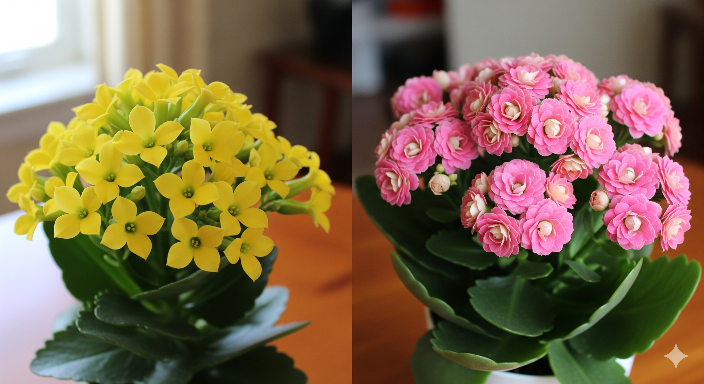 Kalanchoe amarela com flores simples de quatro pétalas ao lado de uma Calandiva rosa com flores dobradas em formato de mini-rosas.