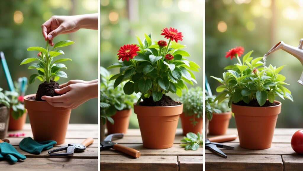 Passo a passo mostrando o transplante de uma planta com flores vermelhas para um vaso de cerâmica, incluindo preparo, replantio e rega.