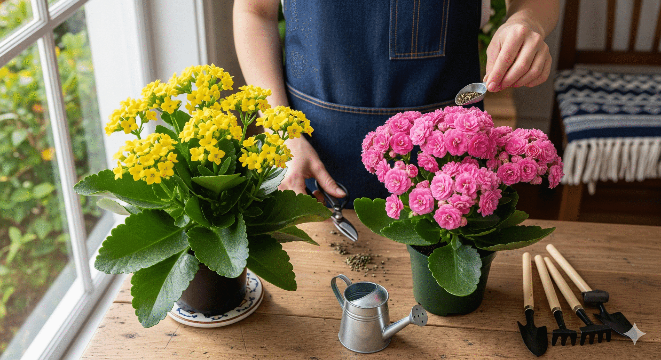 Pessoa cuidando de vasos de Kalanchoe de flores simples amarelas e Calandiva de flores duplas rosas, aplicando adubo para prolongar a floração.