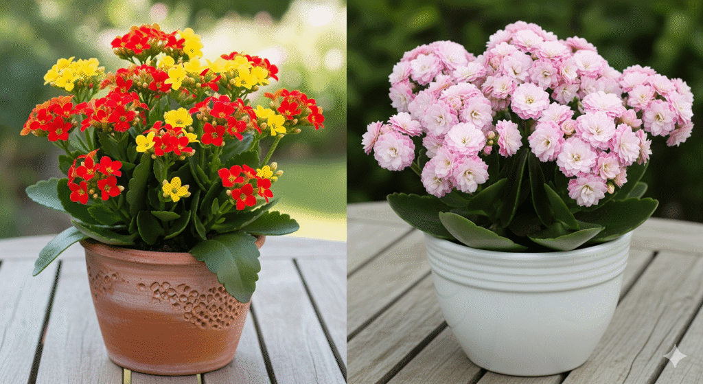 Vasos de Kalanchoe de flores simples vermelhas e amarelas e Calandiva de flores duplas cor-de-rosa, lado a lado em mesa de madeira.