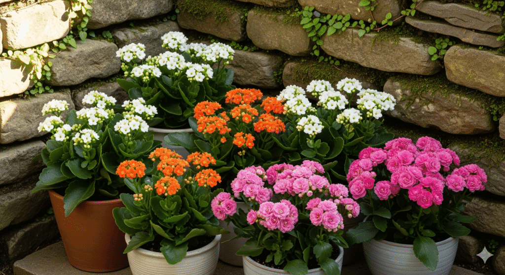 Vasos de Kalanchoe e Calandiva floridos em jardim doméstico, com flores brancas, laranjas e rosas em destaque.