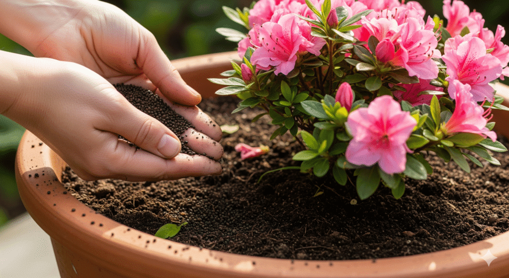 Mãos de jardineiro adicionando adubo orgânico em vaso com azaleias em flor