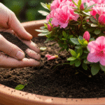 Mãos de jardineiro adicionando adubo orgânico em vaso com azaleias em flor