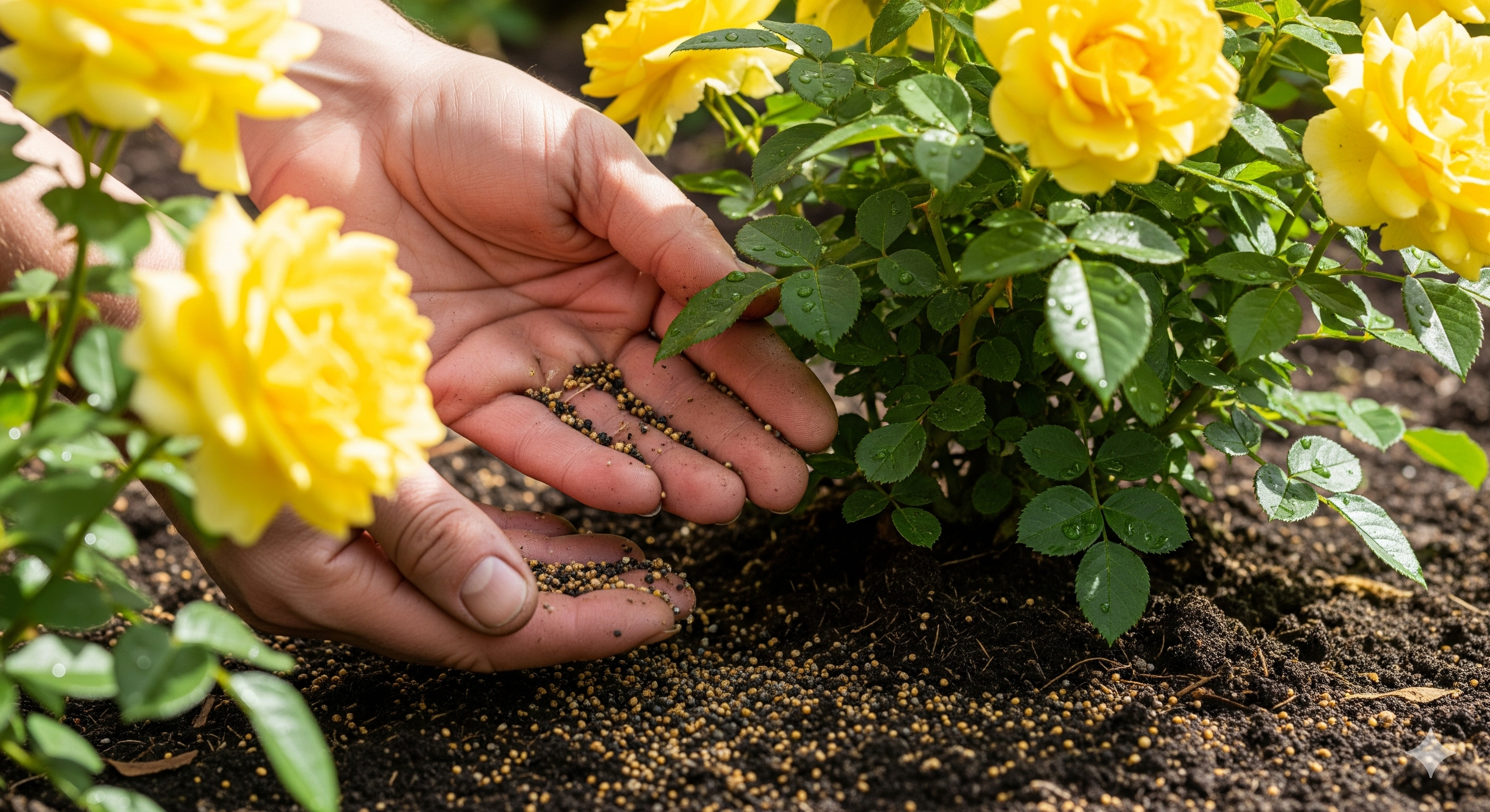 Mãos aplicando adubo ao redor da base de roseira amarela para estimular floração intensa.