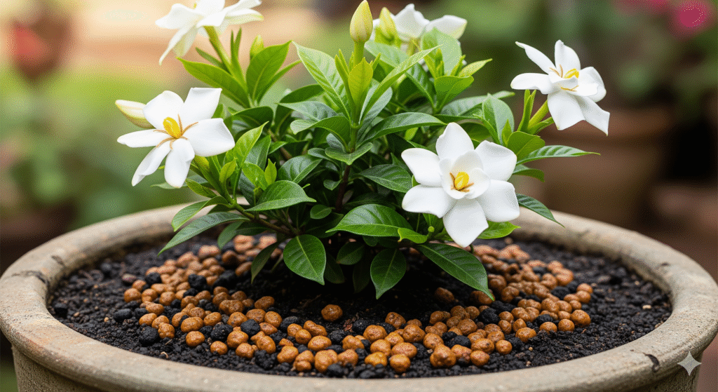 Jasmin Gardênia com adubo granular aplicado ao redor da base da planta