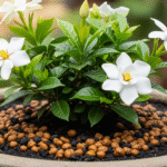 Jasmin Gardênia com adubo granular aplicado ao redor da base da planta