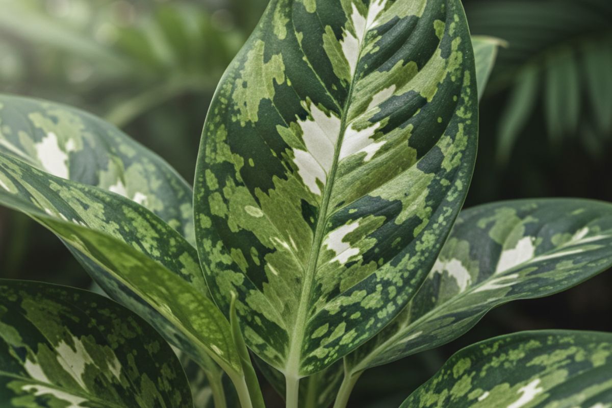 Aglaonema pictum Tricolor com padrão camuflado em três tons de verde e manchas brancas