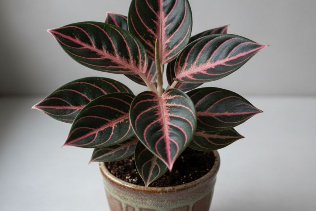 Aglaonema rotundum em vaso pequeno com folhas verdes escuras e nervuras rosa vibrantes, destacando seu padrão único e exótico.