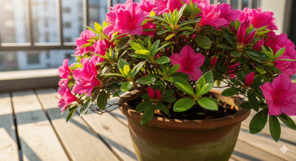 Vaso de azaleias cor-de-rosa com flores abertas em destaque na varanda