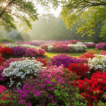 Jardim florido com várias azaleias planta em cores vibrantes sob a luz suave da manhã