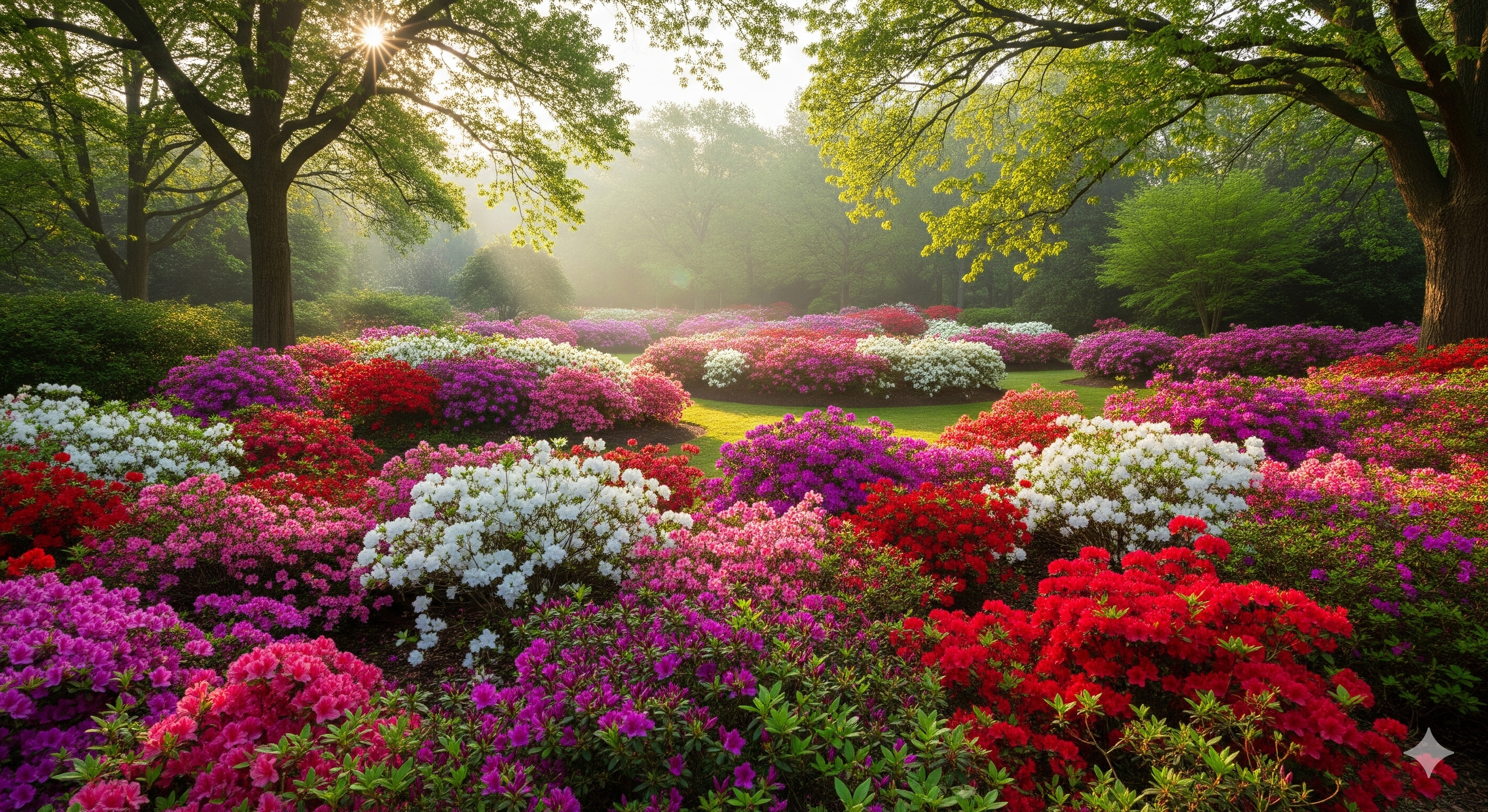 Jardim florido com várias azaleias planta em cores vibrantes sob a luz suave da manhã