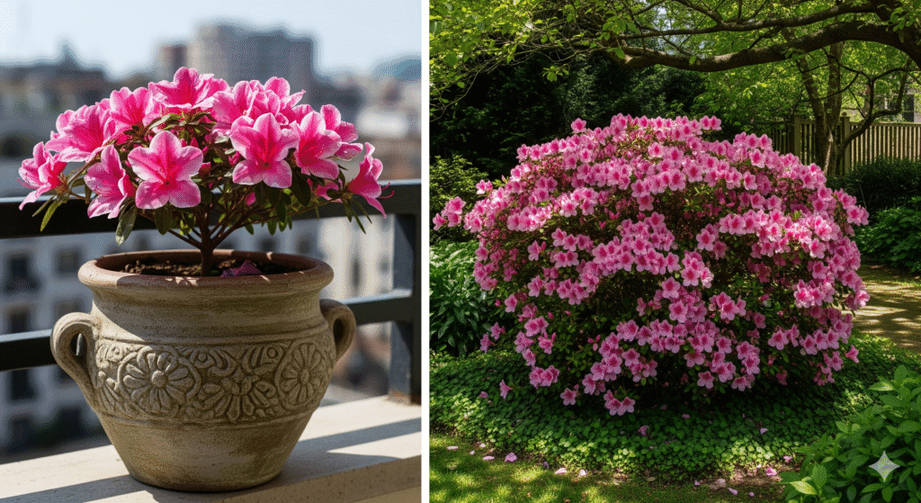 Azaleias planta cultivadas em vaso decorativo e no jardim lado a lado